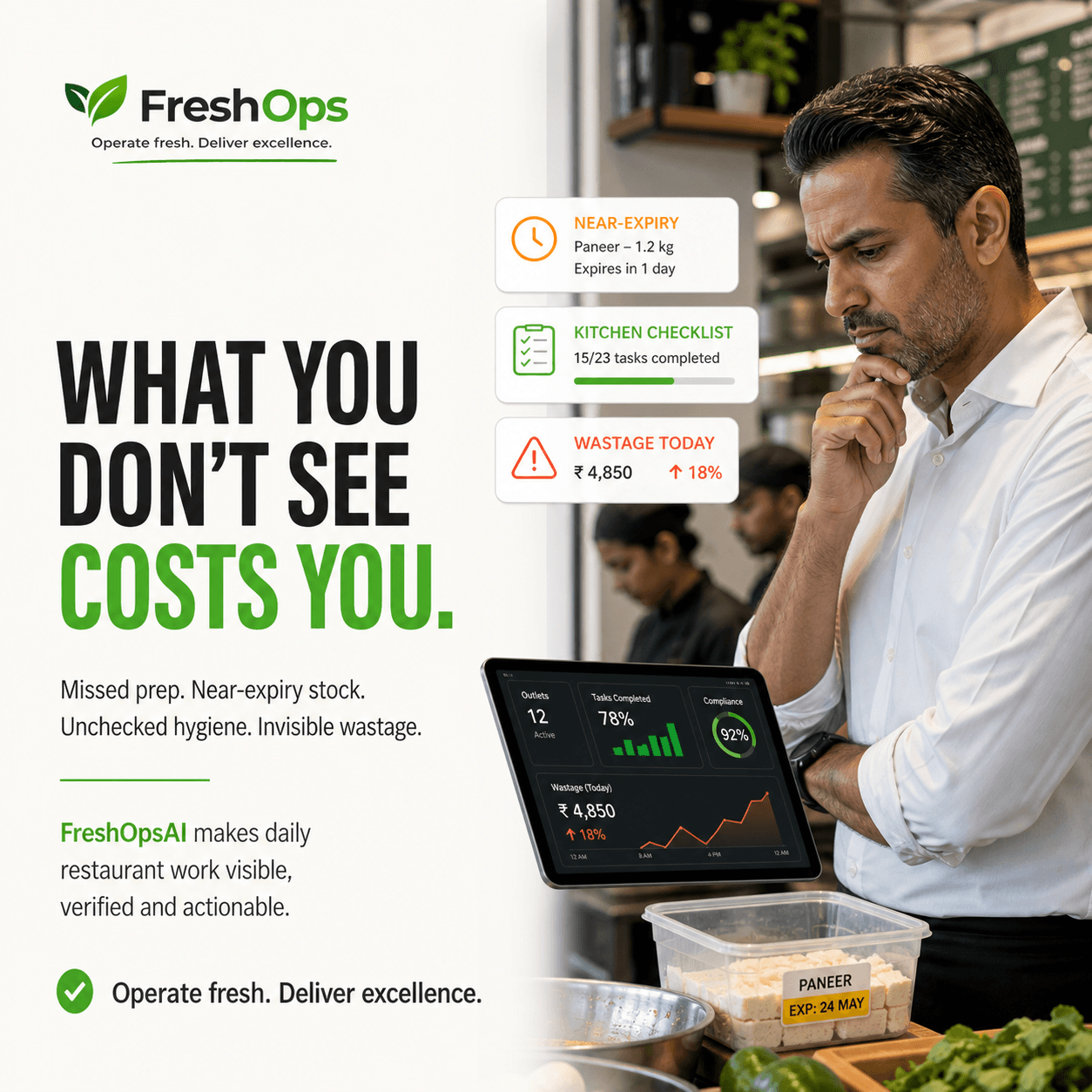 FreshOpsAI makes missed preparation, near-expiry stock, hygiene gaps and wastage visible, verified and actionable.